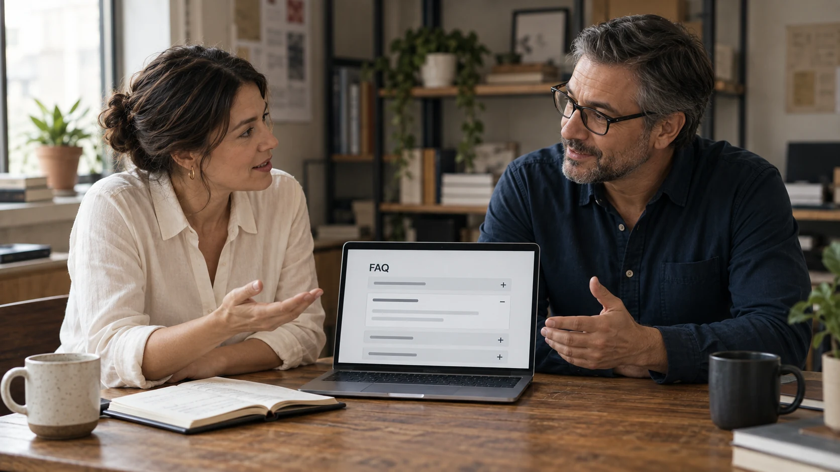 Two business owners discussing common questions over a laptop