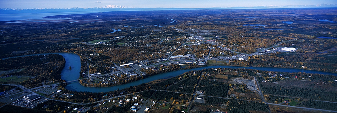 Soldotna, Alaska from the air, with the Kenai River winding through town