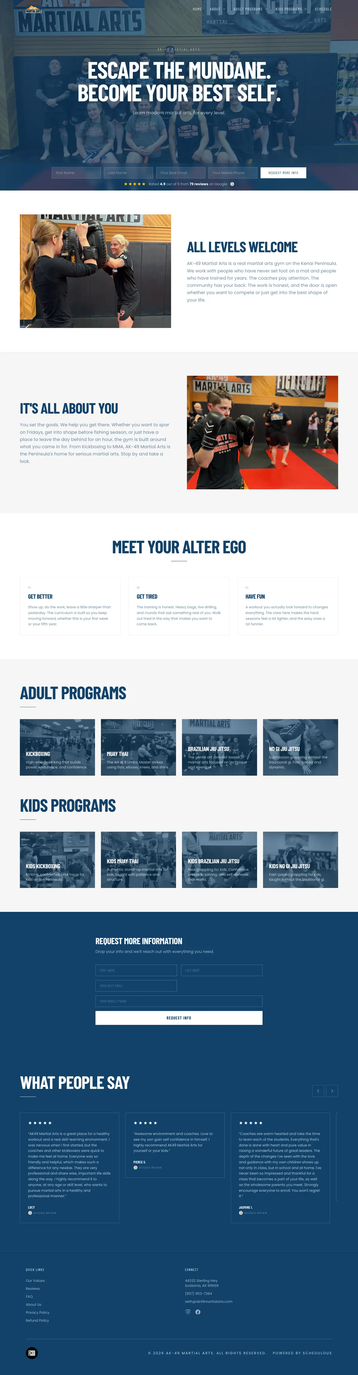 The AK-49 Martial Arts homepage, top to bottom