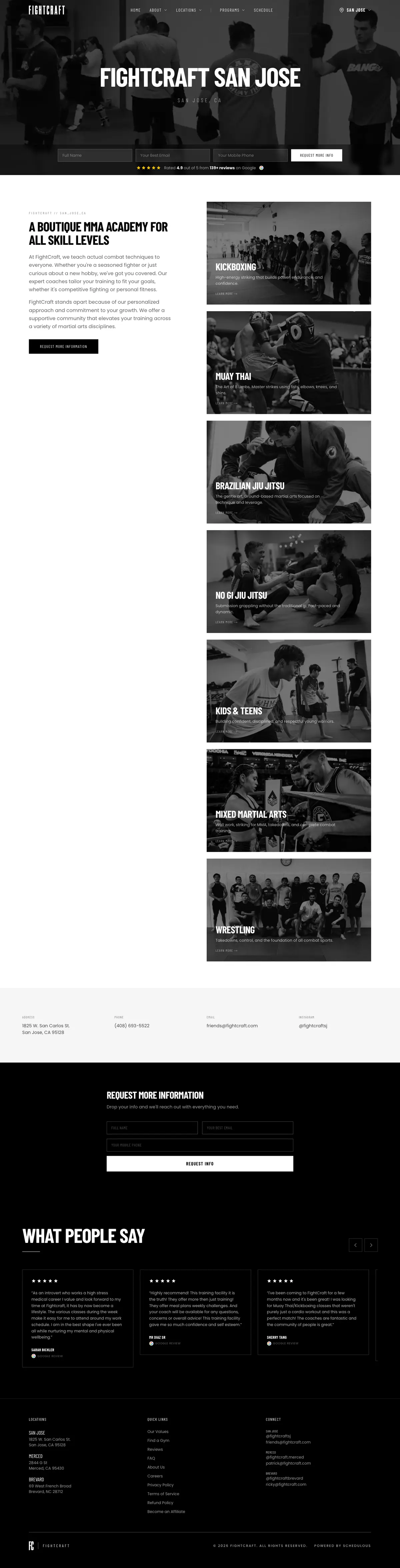 The FightCraft homepage, top to bottom