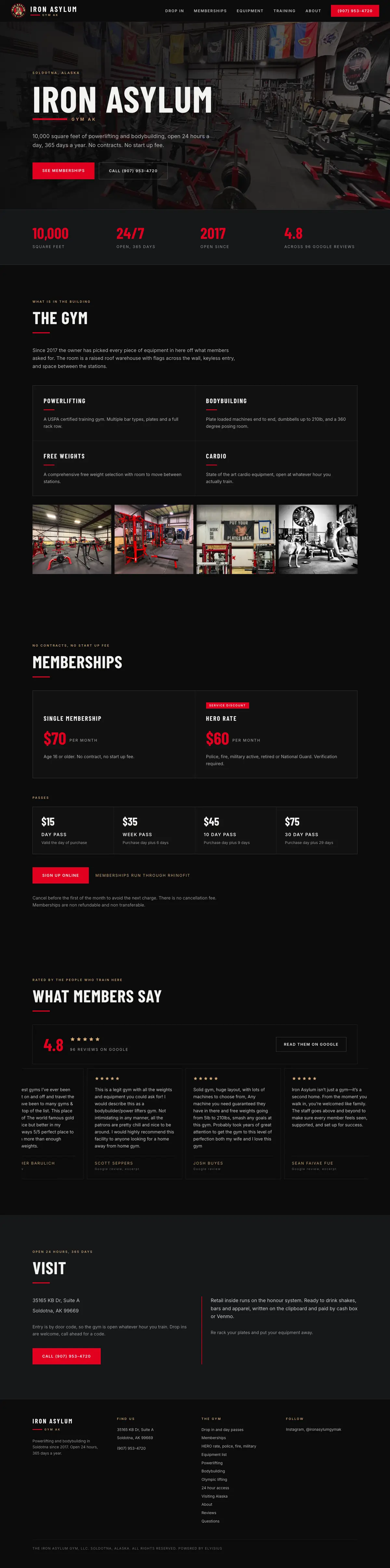 The Iron Asylum homepage, top to bottom